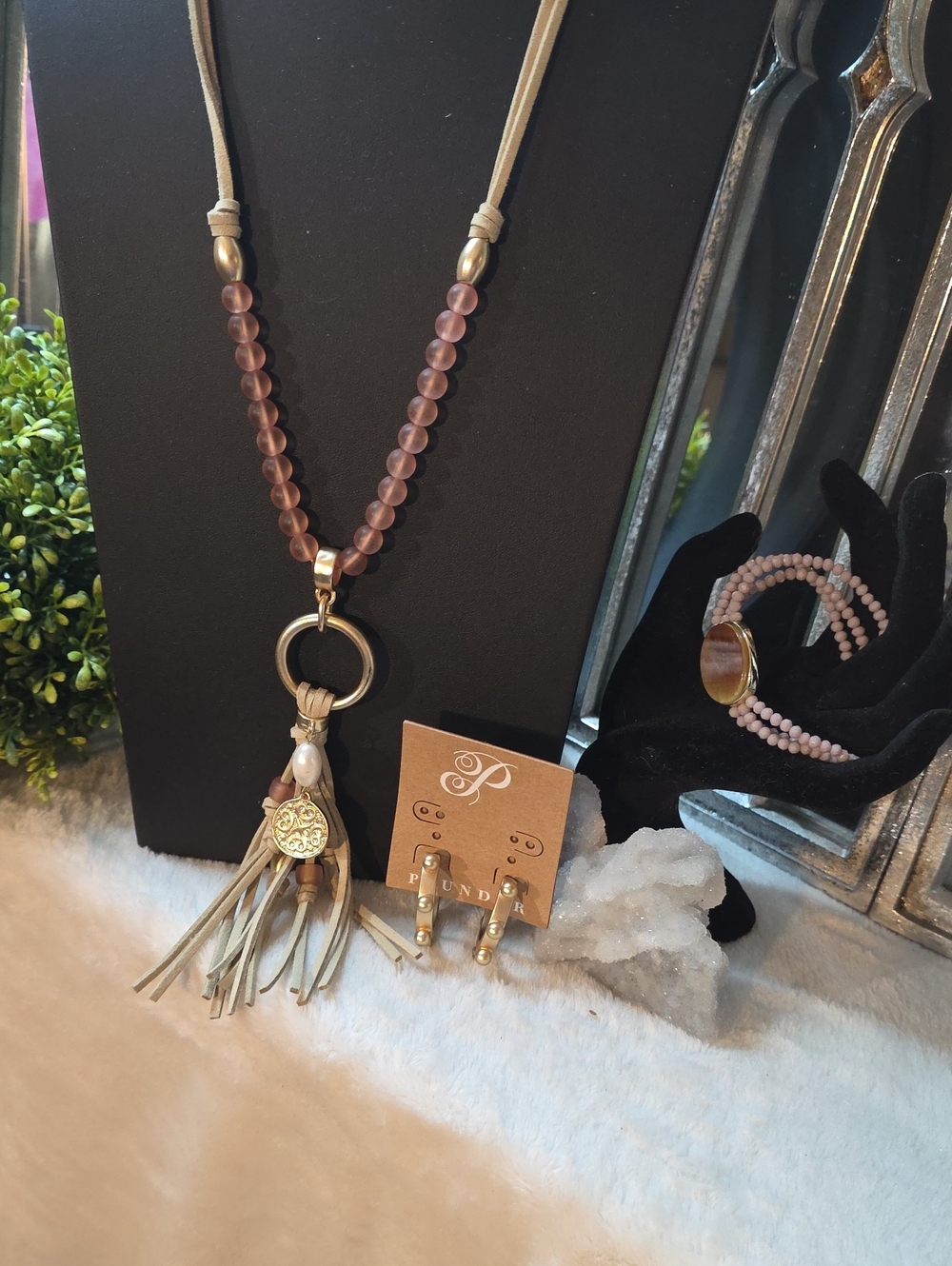 Plunder Ensemble Featuring a Beaded Tassel Pendant Necklace in Mauve and Tan